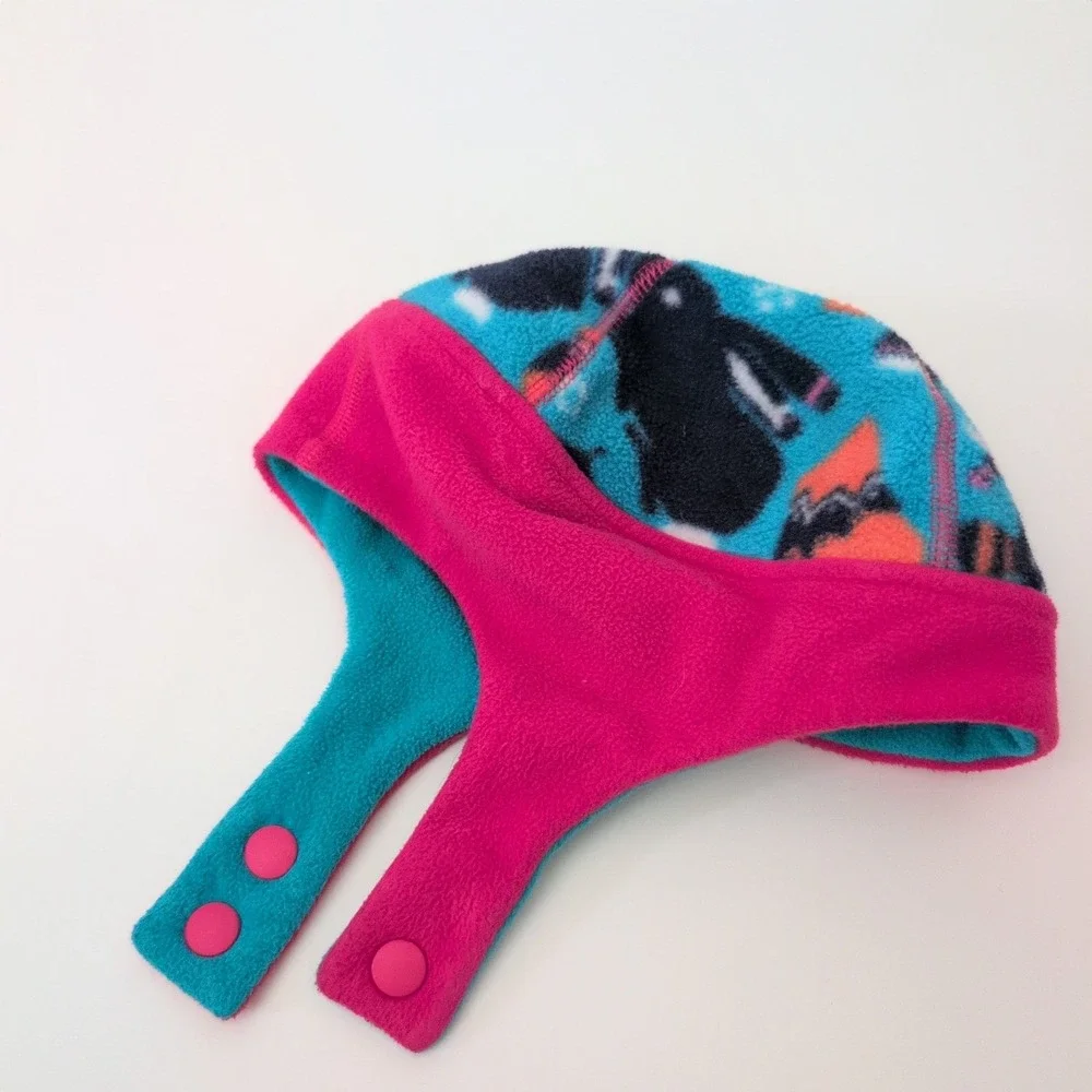 Patagonia‎ Baby Synchilla Fleece Earflap Hat Penguin Print Pink Blue Toddler
